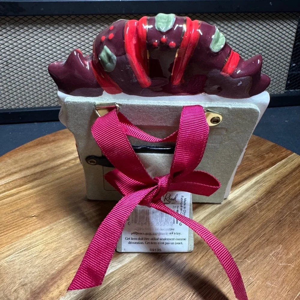 Grasslands Road Father Ceramic Christmas Ornament Picture Frame Red Bow Holly